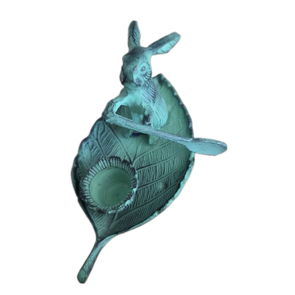 VTG Andrea Sadek Brass Verdigris Bunny Rowing Leaf Boat Candle Holder Kitsch